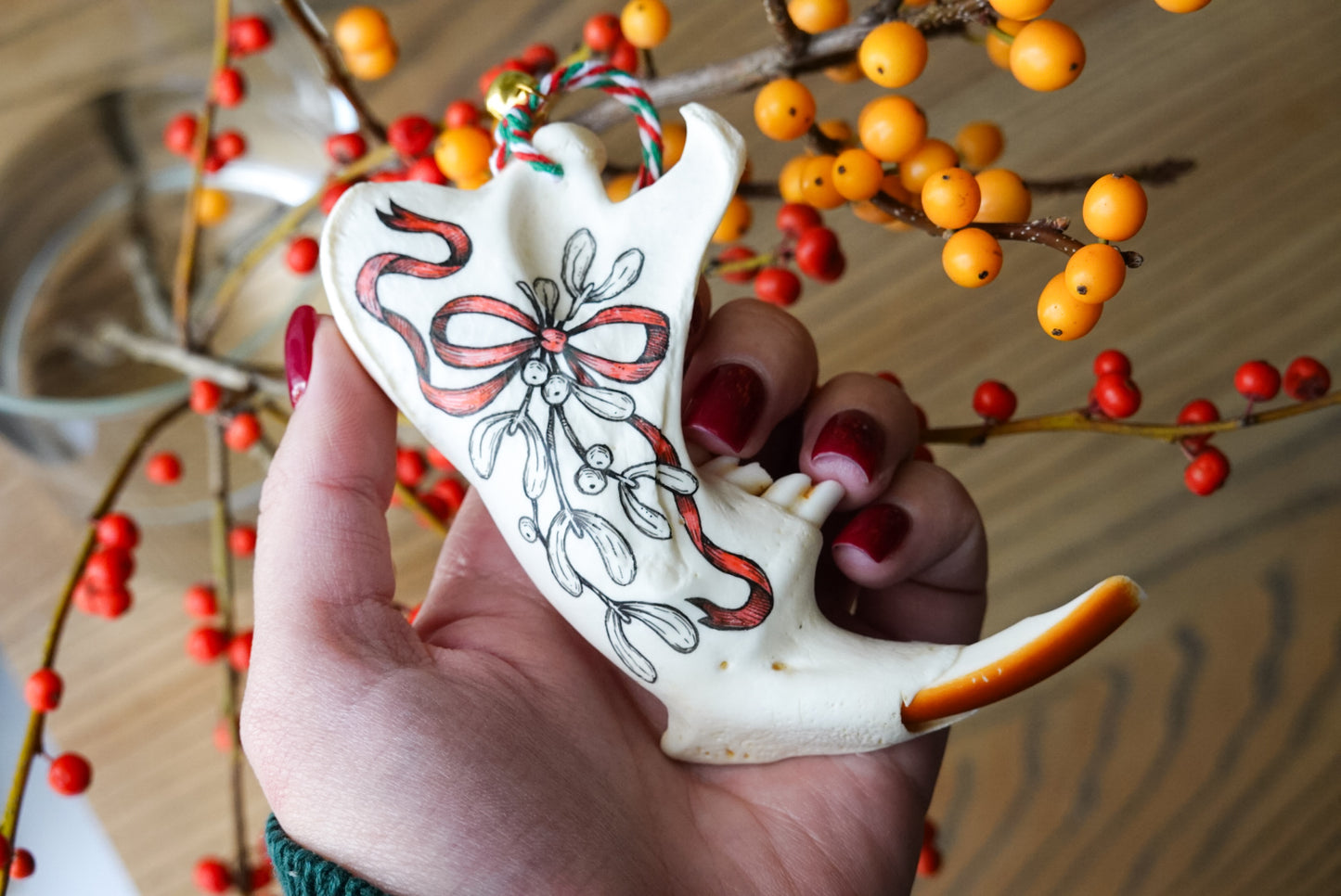 Painted beaver jaw "Mistletoe", bone ornaments