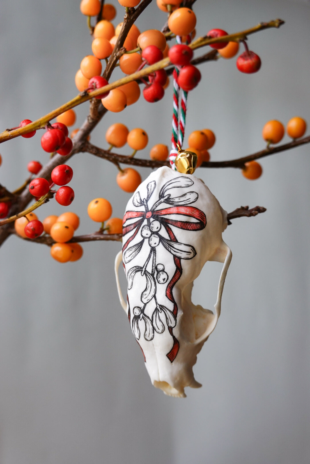 Painted marten skull "Mistletoe", bone ornaments