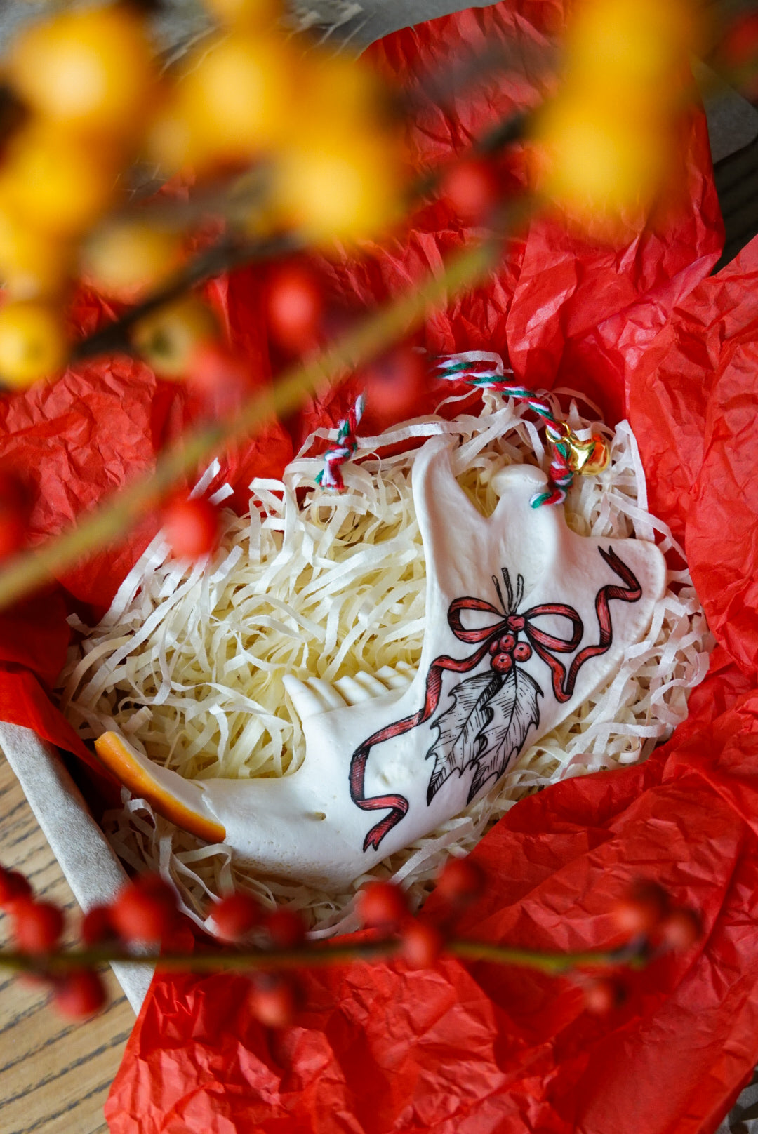 Painted beaver jaw "Holly", bone ornaments