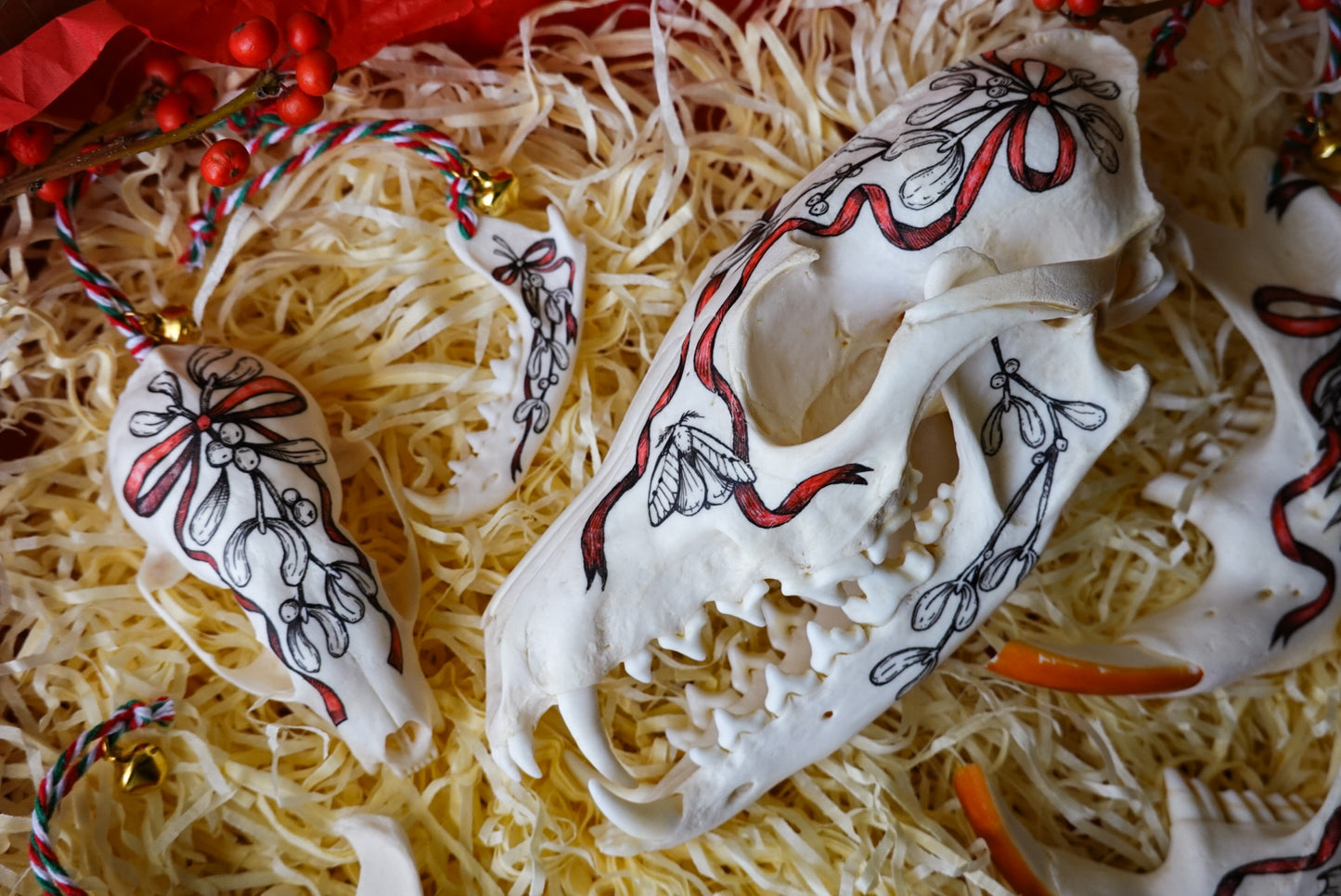 Hand painted skull of red fox "Mistletoe"