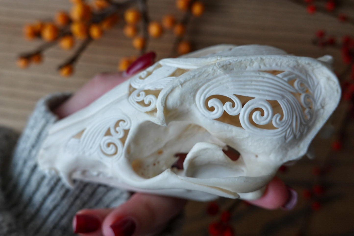 Hand carved Japanese raccoon dog skull
