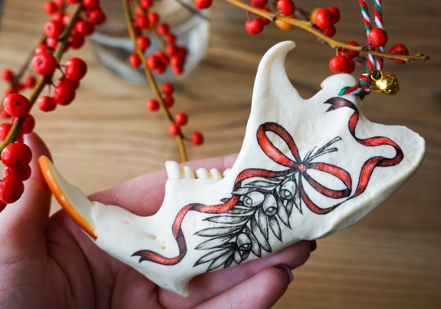 Painted beaver jaw "Yew", bone ornaments