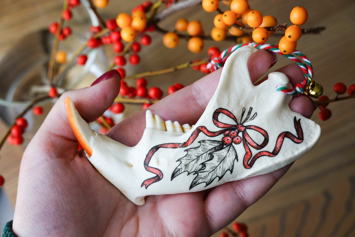 Painted beaver jaw "Holly",  bone ornaments