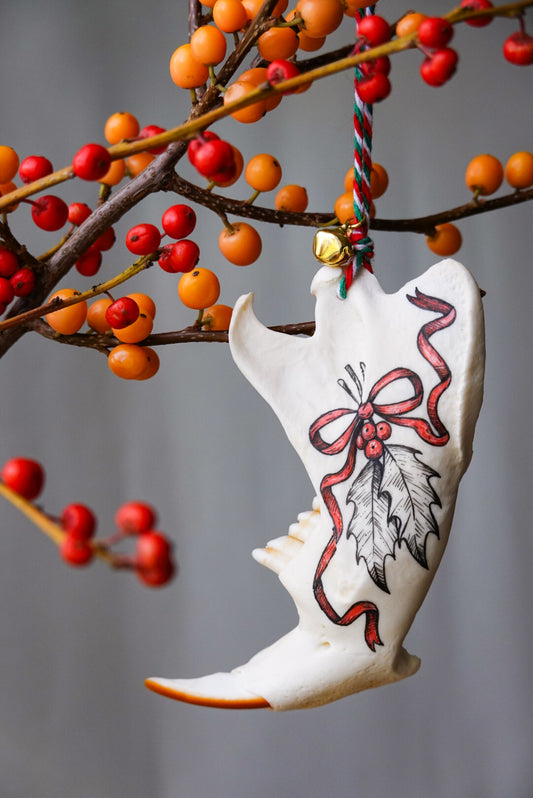 Painted beaver jaw "Holly",  bone ornaments