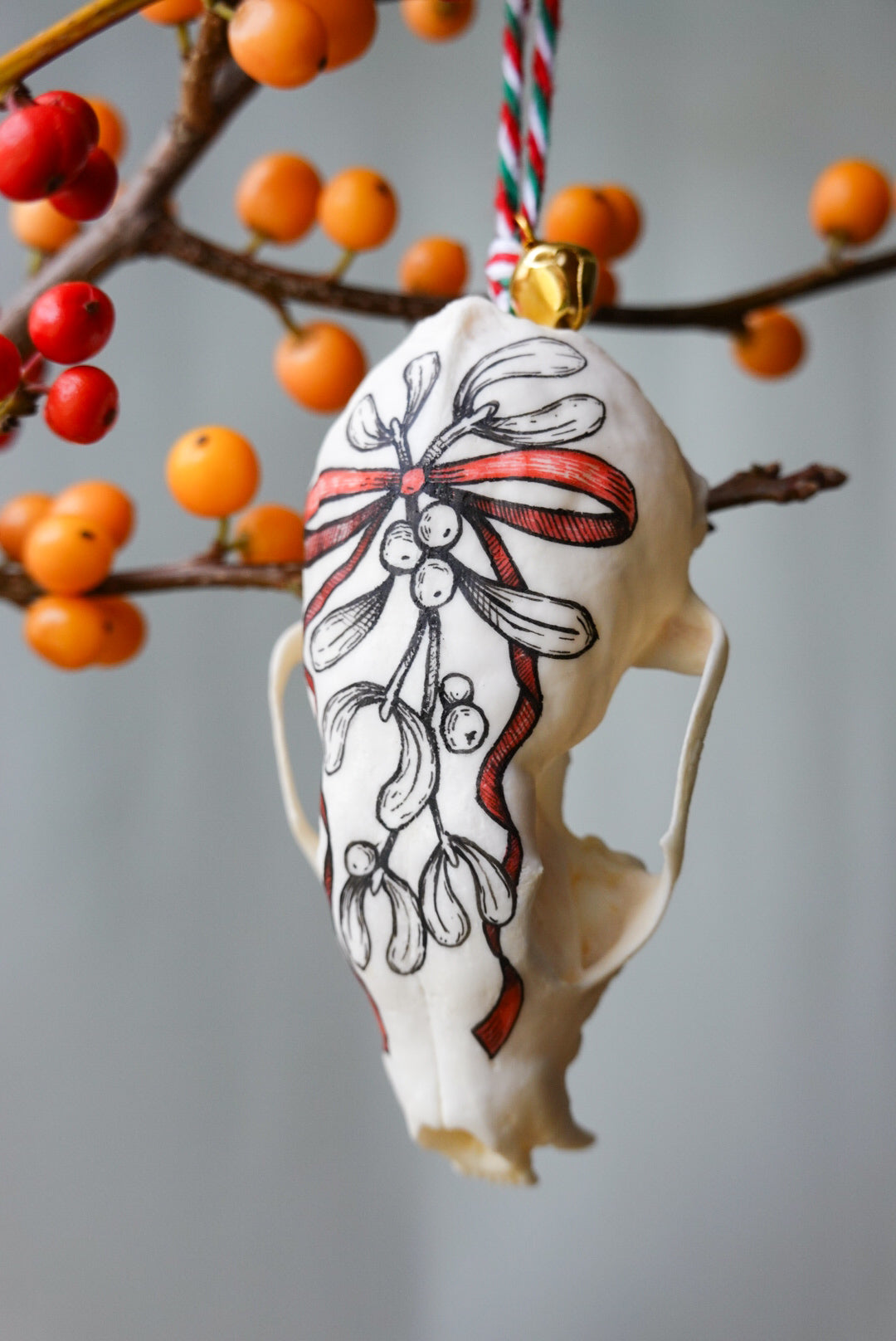 Painted marten skull "Mistletoe", bone ornaments