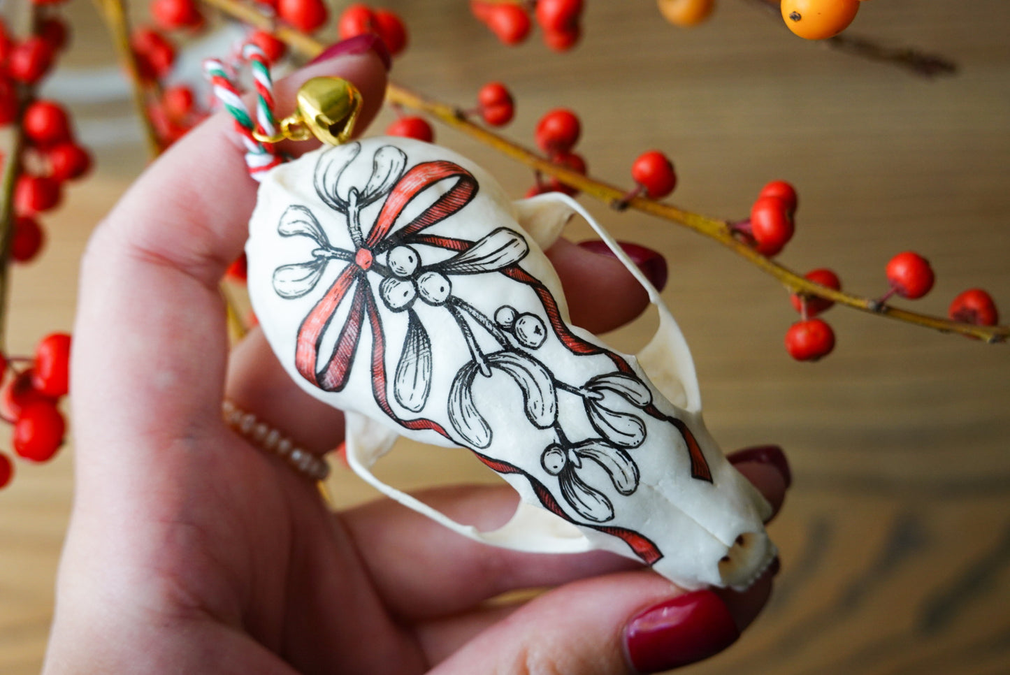 Painted marten skull "Mistletoe", bone ornaments