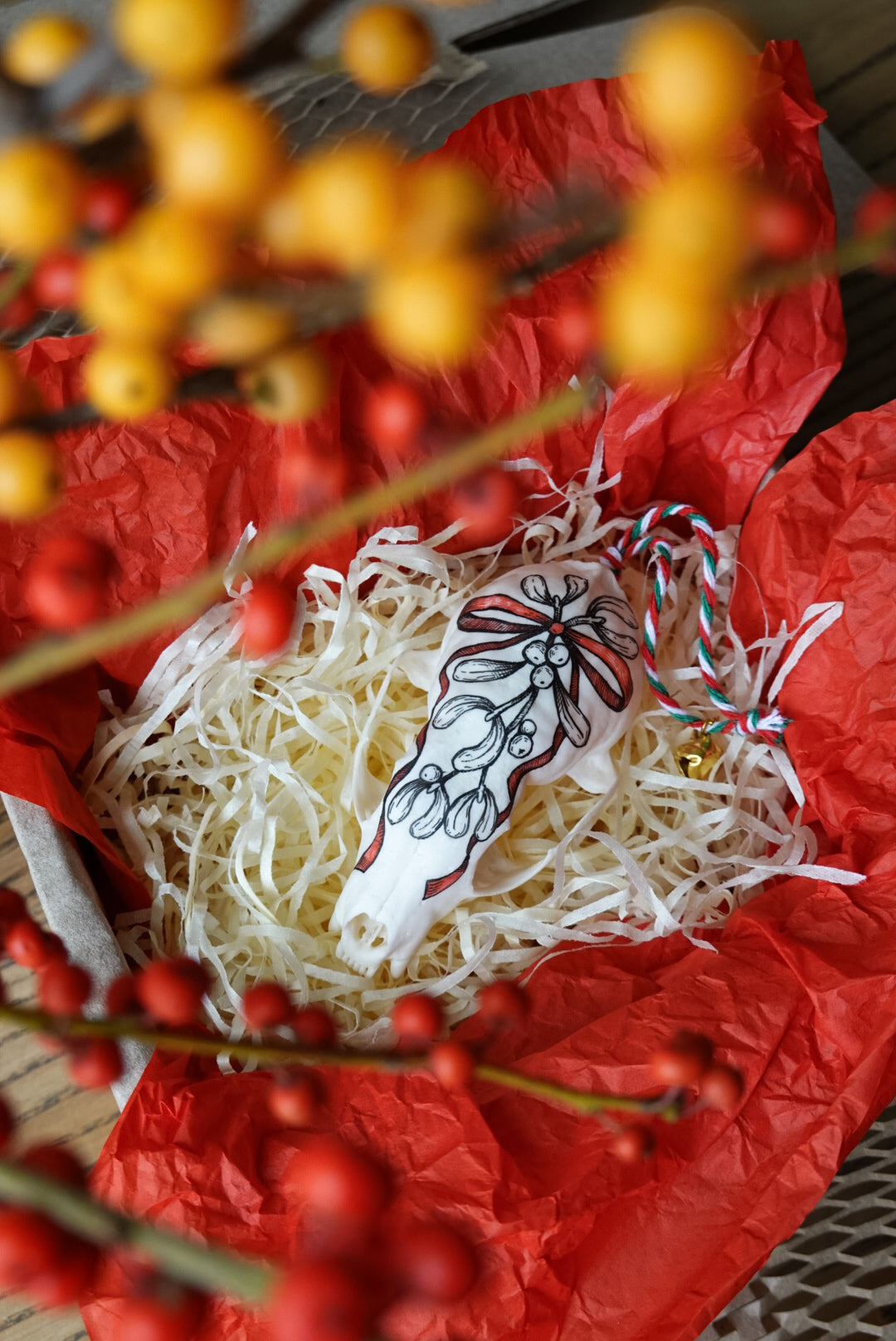 Painted marten skull "Mistletoe", bone ornaments