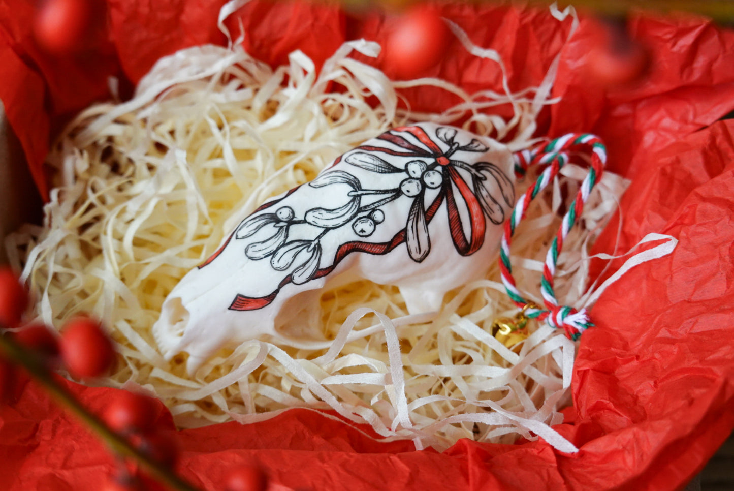 Painted marten skull "Mistletoe", bone ornaments