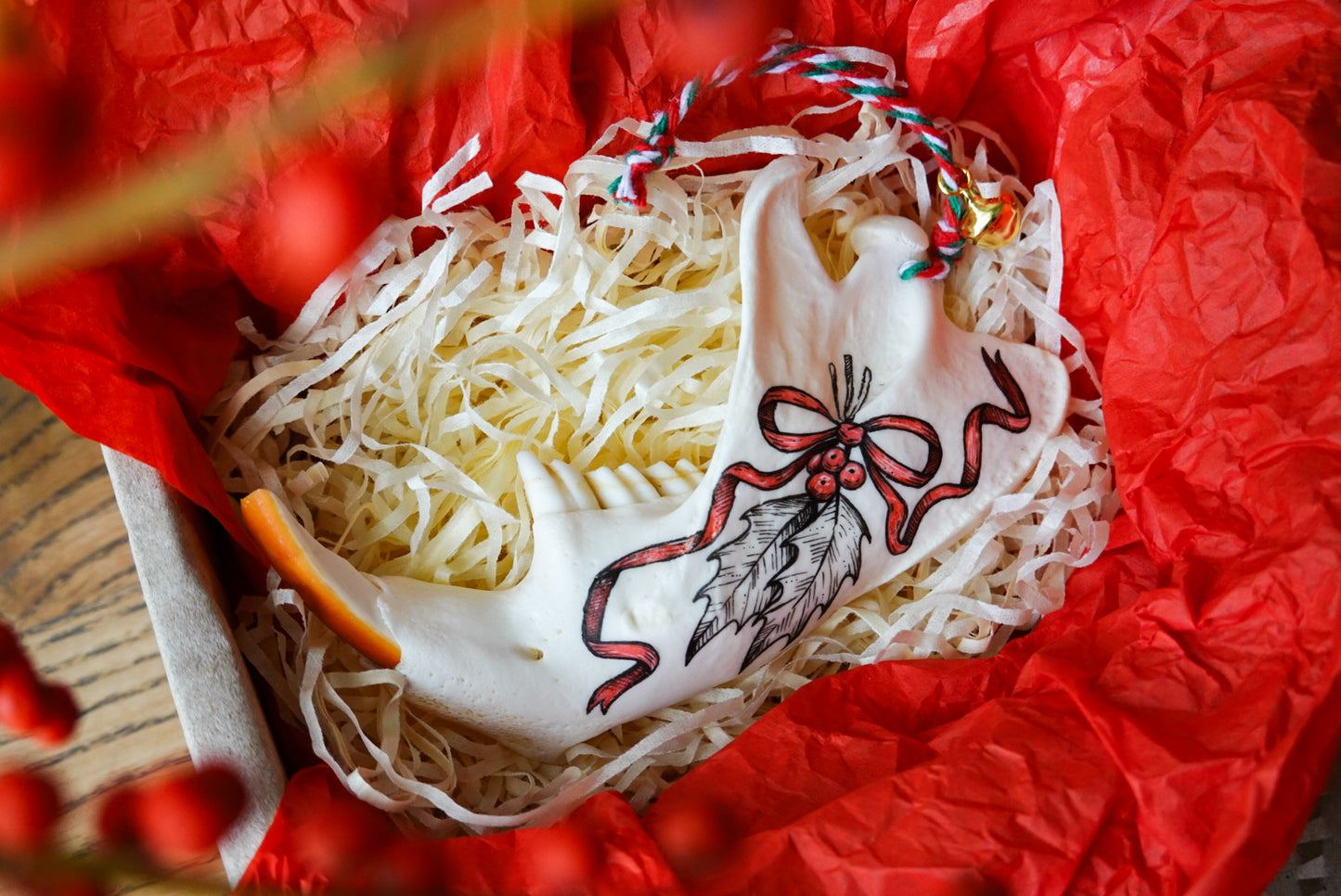 Painted beaver jaw "Holly",  bone ornaments